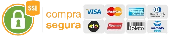 Compra segura com SSL. Visa, Mastercard, American Express, Diners Club, Elo, Hipercard, boleto e Mercado Pago