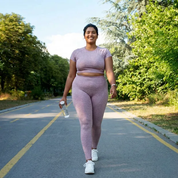 Mulher caminhando ao ar livre com garrafa de água