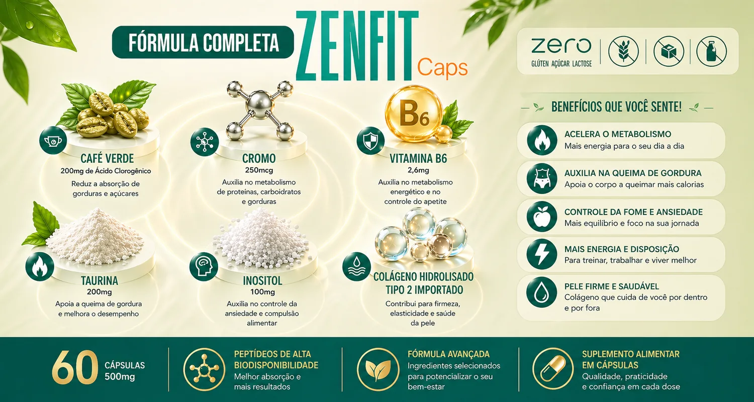 Fórmula completa ZenFit Caps: Café Verde 200 mg de ácido clorogênico, Cromo 250 mcg, Vitamina B6 2,6 mg, Taurina 200 mg, Inositol 100 mg e Colágeno Hidrolisado Tipo 2 importado. Zero glúten, açúcar e lactose. 60 cápsulas de 500 mg.