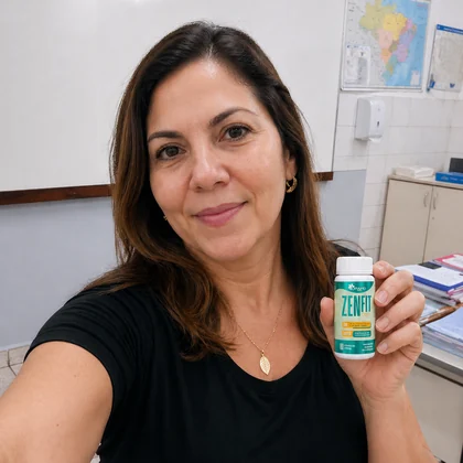 Heloísa Trindade segurando um frasco de ZenFit Caps