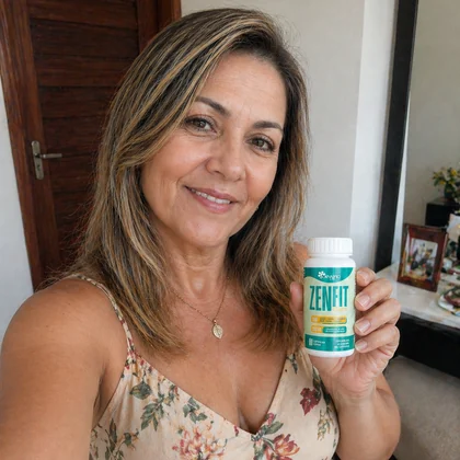 Márcia Souza segurando um frasco de ZenFit Caps