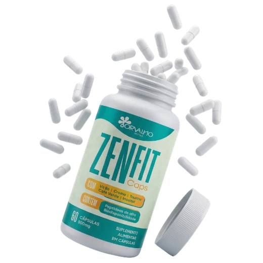 Frasco de ZenFit Caps aberto com as cápsulas
